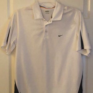 Men's Nike Fit Polo. White with stylish blue side and sleeve plagues. Size L